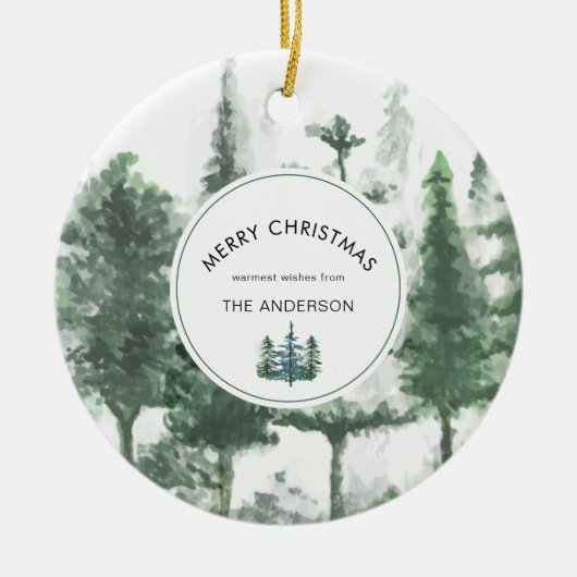 ミニマルなクリスマスの水の色シックな森林写真 セラミックオーナメント (正面)