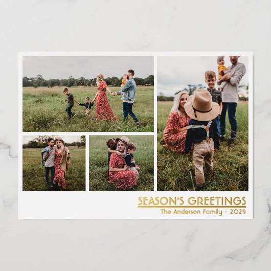 ミニマルなクリスマスグリーティングファミリーフォト 箔シーズンカード (正面)