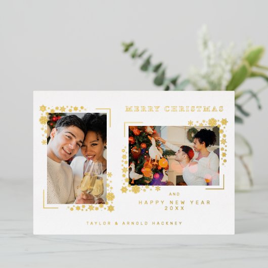 ミニマルなクリスマススノーフレーク2写真フレーム 箔シーズンカード (立ち正面)