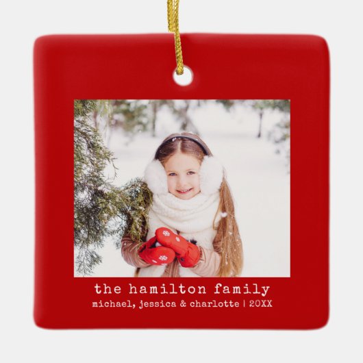 ミニマルなクリスマスツリー家族の写真と名前 セラミックオーナメント (正面)