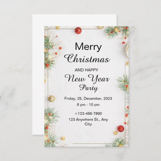 ミニマルなクリスマスパーティーと新年おめでとう 招待状 (正面/裏面)