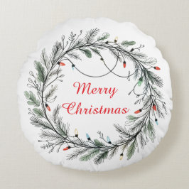 ミニマルなクリスマスリースとライト ラウンドクッション