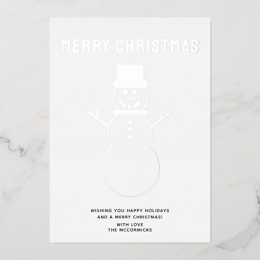 ミニマルなクリスマス雪だるまシルバー 箔シーズンカード (正面)