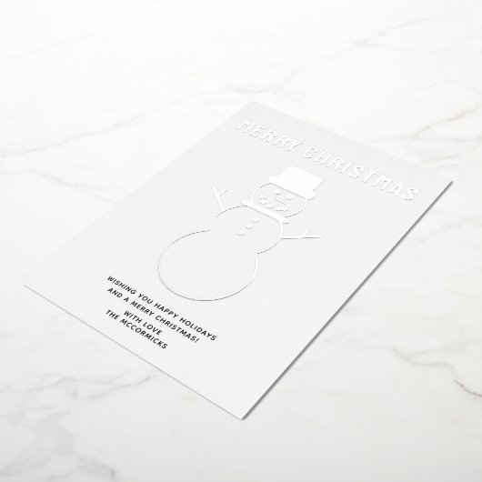 ミニマルなクリスマス雪だるまシルバー 箔シーズンカード (回転した状態)