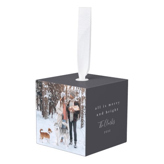 ミニマルなクリスマス | Scandi石板グレー写真 キューブオーナメント (正面アングル)