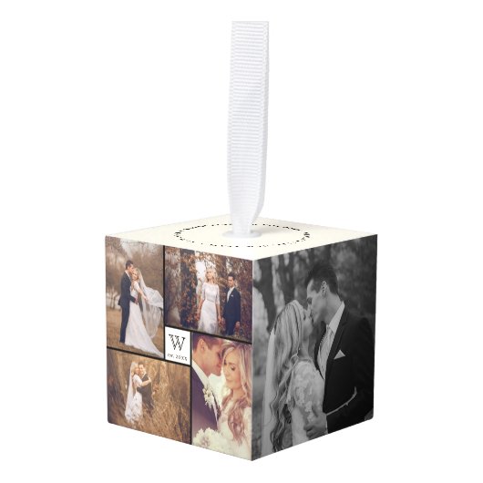 ミニマルなグリッド線結婚休日の4枚の写真 キューブオーナメント (正面アングル)