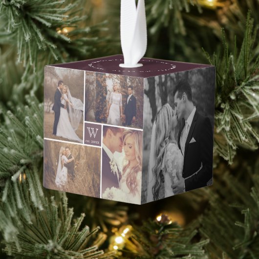 ミニマルなグリッド線結婚休日の4枚の写真 キューブオーナメント (ツリー)