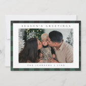 ミニマルなグリーンのチェック柄の季節の挨拶写真ファミリー シーズンカード (正面)