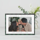ミニマルなグリーンのチェック柄の季節の挨拶写真ファミリー シーズンカード (スタンド正面)