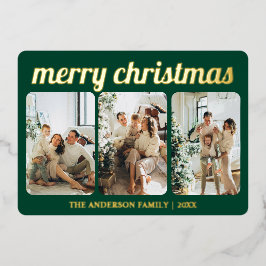 ミニマルなグリーン3フォトメリークリスマススクリプト 箔シーズンカード