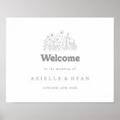 ミニマルなグレーくすんだ野の花の結婚式ウェルカムサイン ポスター (正面)