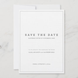 ミニマルなグレーのホワイト縦型結婚式のSave the Date 招待状