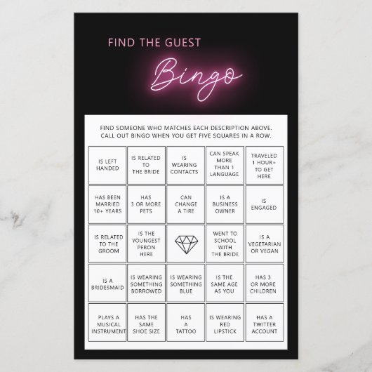 ミニマルなゲストビンゴブライダルシャワーゲーム (正面)