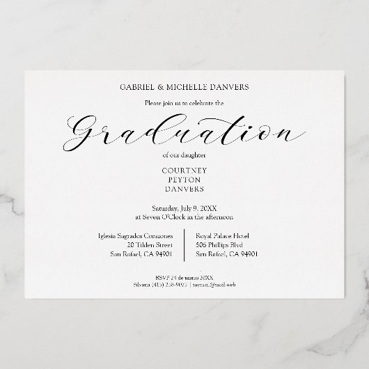 ミニマルなコラージュ卒業3枚実在の写真Silver 箔招待状 (裏面)