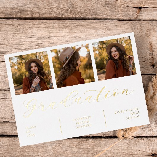 ミニマルなコラージュ卒業3枚実在の写真Silver 箔招待状