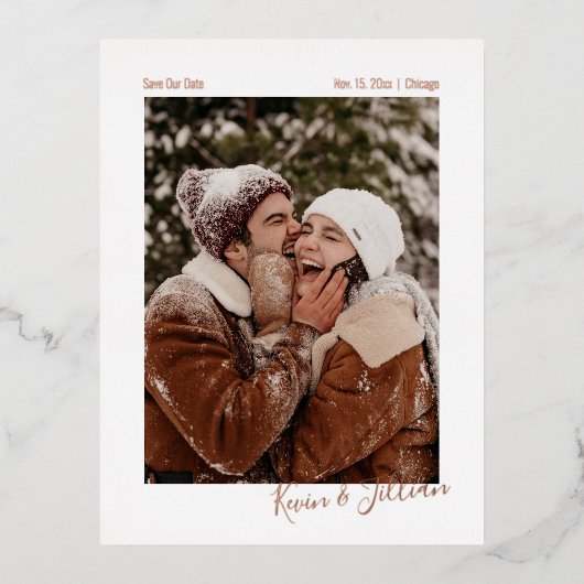 ミニマルなサイン救写真当社日付 箔招待状ポストカード (正面)