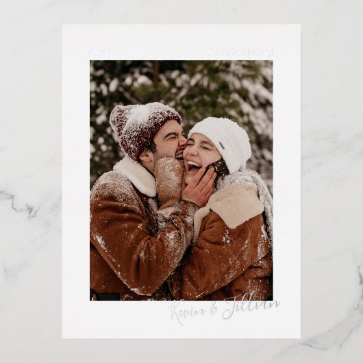 ミニマルなサイン救写真当社日付 箔招待状ポストカード (正面)