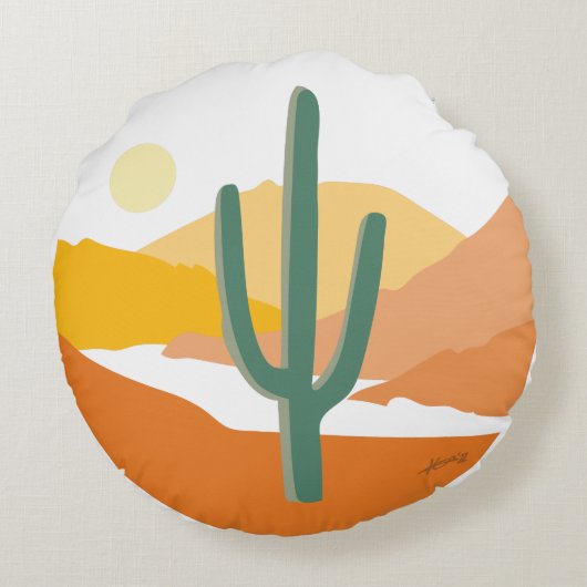 ミニマルなサグアーロサボス砂漠の風景 ラウンドクッション (裏面)