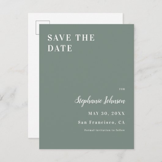 ミニマルなサテングリーンとホワイトのブライダルシャワー      案内ポストカード (正面/裏面)