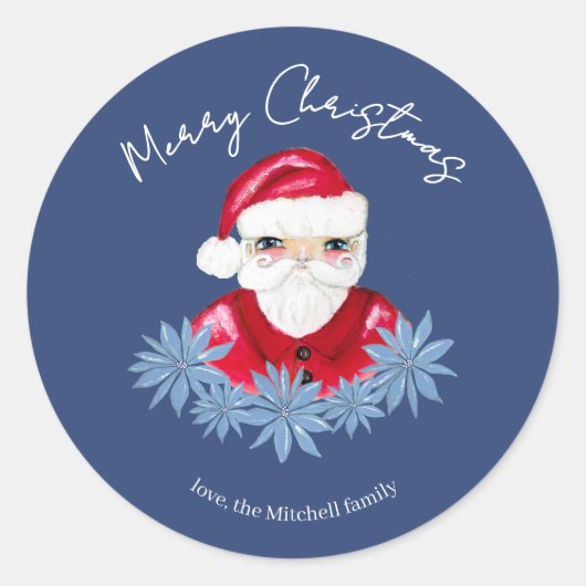 ミニマルなサンタ かわいい ポインセチア ブルー メリークリスマス ラウンドシール (正面)