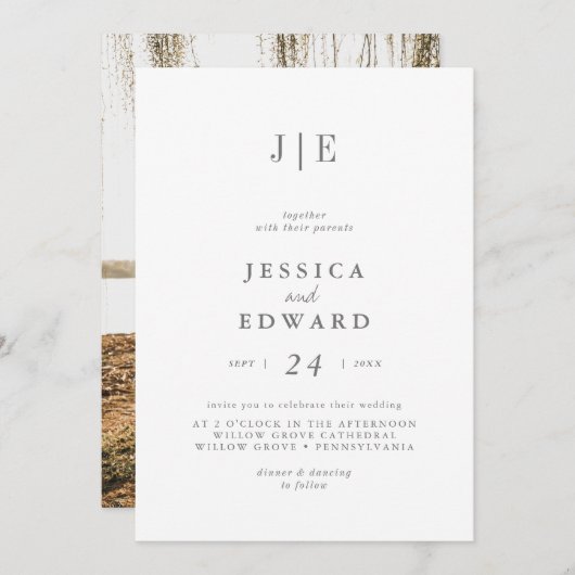 ミニマルなシルバー スクリプト フォト モノグラム ウェディング 招待状 (正面/裏面)