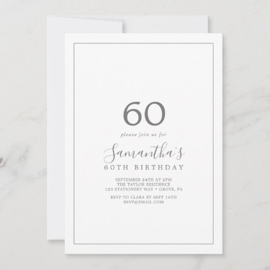 ミニマルなシルバー 60歳の誕生日招待状 招待状 (正面)