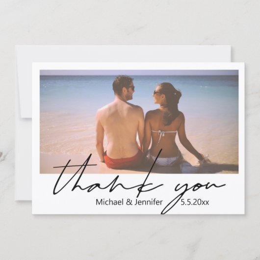ミニマルなスクリプトの夏の結婚式の写真の御礼 ノートカード (正面)