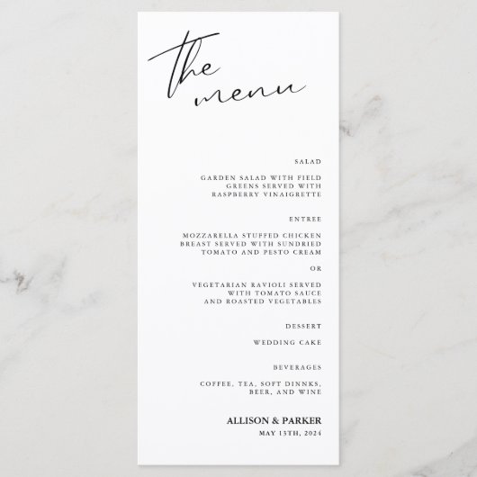 ミニマルなスクリプトウェディングレセプション メニュー (正面)