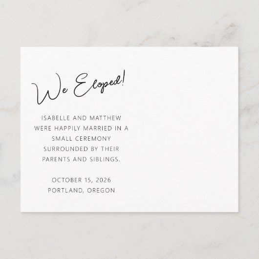 ミニマルなスクリプトカスタムのメッセージ我々は逃げた写真 案内ポストカード (裏面)