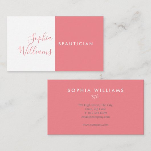 ミニマルなスクリプトコーラルとホワイトビジネスカード 名刺 (正面/裏面)