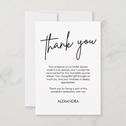 ミニマルなスクリプトタイポグラフィー ブライダルシャワー モノクロ サンキューカード (正面)