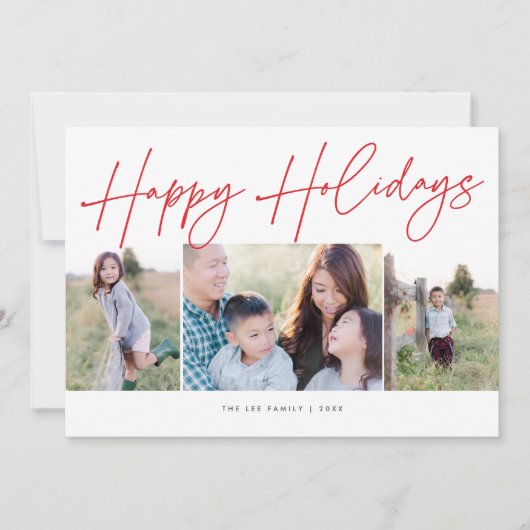 ミニマルなスクリプトハッピーホリデー3写真クリスマス シーズンカード (正面)