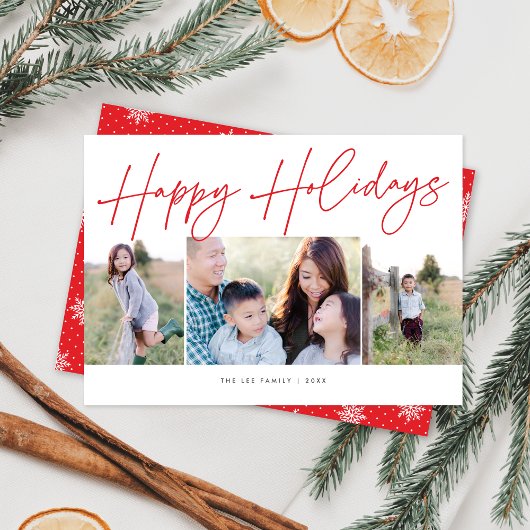 ミニマルなスクリプトハッピーホリデー3写真クリスマス シーズンカード