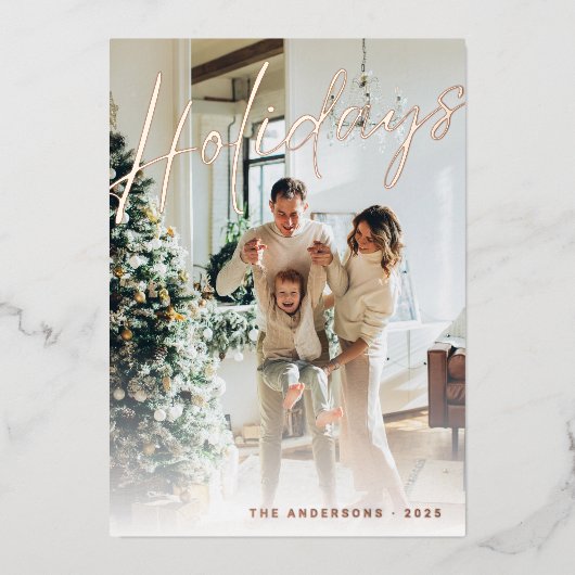 ミニマルなスクリプトファミリーフォトホリデーズスノーフレーク 箔シーズンカード (正面)