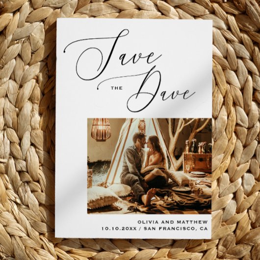ミニマルなスクリプトフォトウェディング日付を保存 案内ポストカード
