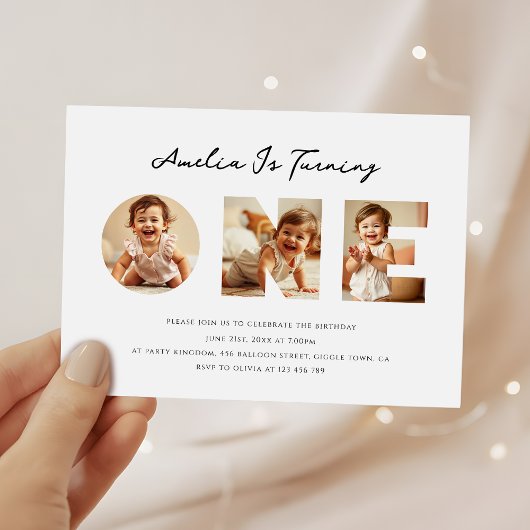 ミニマルなスクリプトフォトコラージュ最初の誕生日 招待状