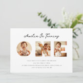 ミニマルなスクリプトフォトコラージュ最初の誕生日 招待状 (スタンド正面)