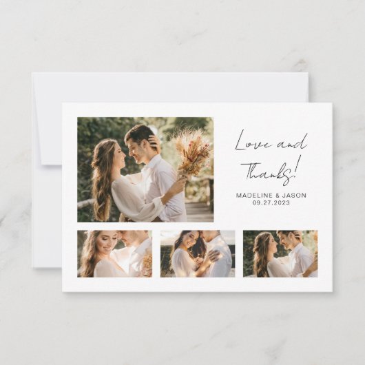 ミニマルなスクリプトフォトコラージュ結婚の感謝 サンキューカード (正面)