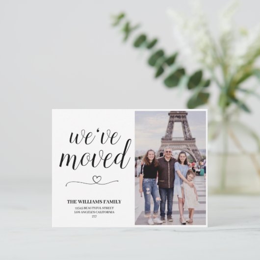 ミニマルなスクリプトフォト引っ越しました新しいアドレス ポストカード (スタンド正面)