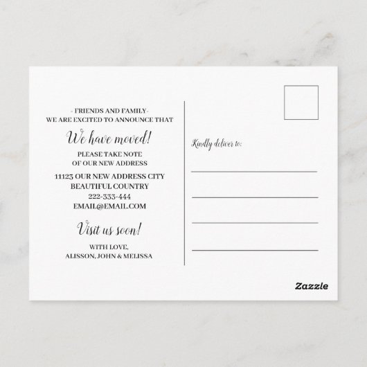 ミニマルなスクリプトフォト引っ越しました新しいアドレス ポストカード (裏面)
