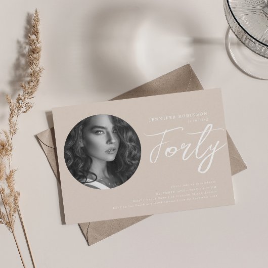 ミニマルなスクリプトフォト40th誕生日シャンパン 招待状