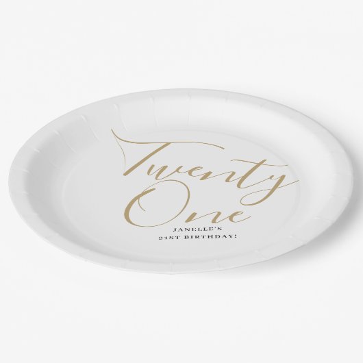 ミニマルなスクリプトブラックと金ゴールド21歳の誕生日 ペーパープレート (アングル)