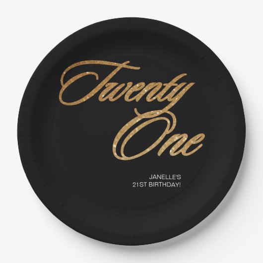 ミニマルなスクリプトブラックと金ゴールド21歳の誕生日 ペーパープレート (正面)