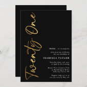 ミニマルなスクリプトブラックと金ゴールド21歳の誕生日 招待状 (正面/裏面)