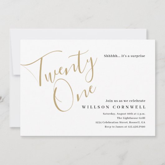 ミニマルなスクリプトブラックと金ゴールド21歳の誕生日 招待状 (正面)