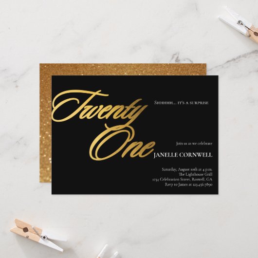 ミニマルなスクリプトブラックと金ゴールド21歳の誕生日 招待状 (正面/裏面インサイチュ)