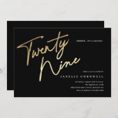 ミニマルなスクリプトブラックと金ゴールド29誕生日 招待状 (正面/裏面)