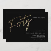 ミニマルなスクリプトブラックと金ゴールド40歳の誕生日 招待状 (正面/裏面)