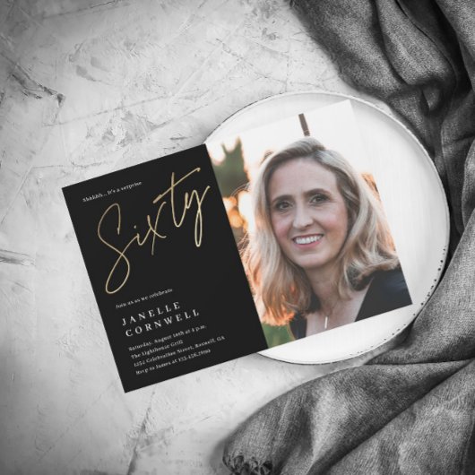 ミニマルなスクリプトブラックと金ゴールド60番目の写真 招待状