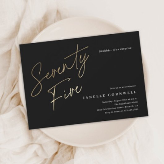 ミニマルなスクリプトブラックと金ゴールド75誕生日 招待状